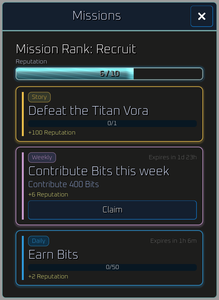Missions list with story, weekly, and daily rows