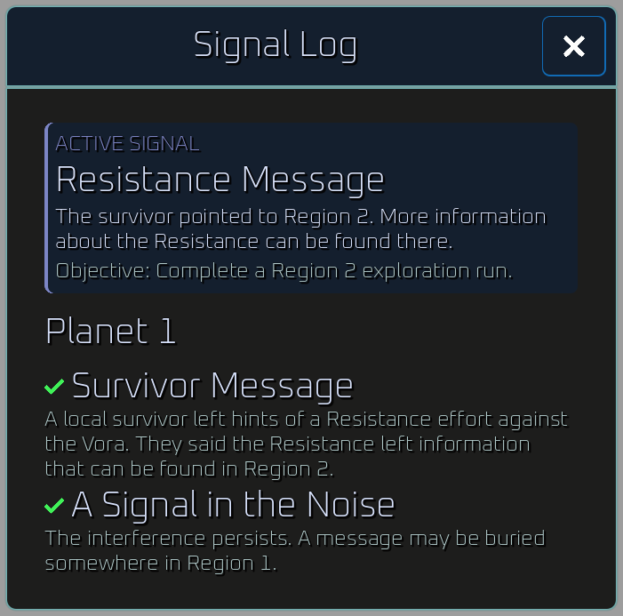 Signal Log with an active transmission and planet archive
